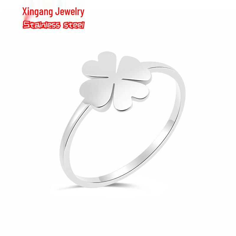 Light Luxury Titanium Steel Four-Leaf Clover Women's Ring - Non-Fading, Korean Hip-Hop Style, Thin Plain Band.