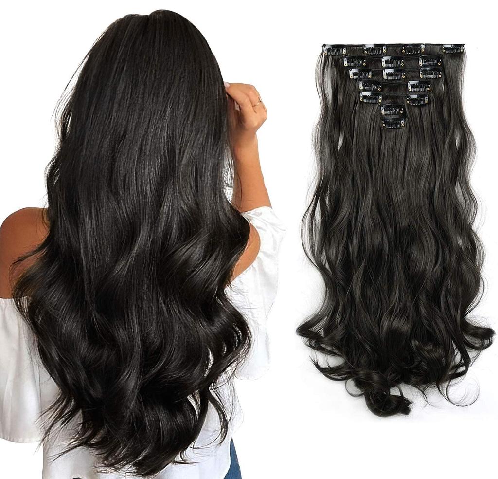MoonEyes 7 Piece Set 16 Clips 24-26 Inch Curly/wavy Full Head Clip In On Hair Extension for Girls, Women or Lady Hair Extension (Natural Black)