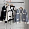 From Heart V Color Block Pearl Button Cardigan