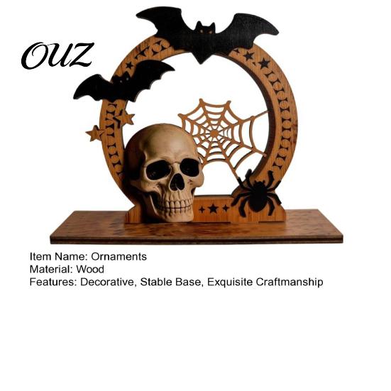 Entrance Counter Decorations Halloween Wooden Skull Ornament with Bat and Spider Web Elements, Stable Rustic Holiday Table Decor Base Tabletop