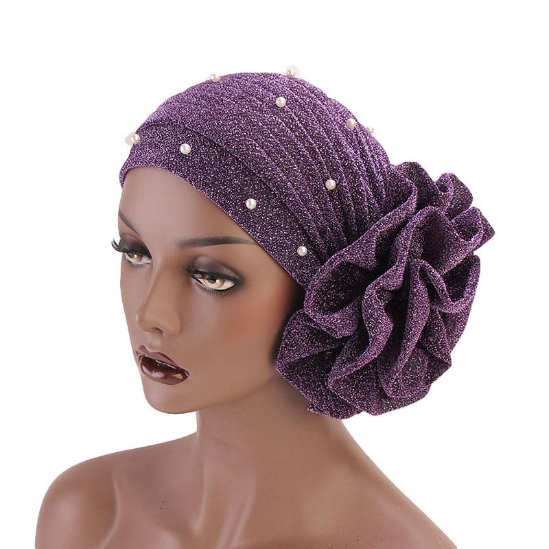 Elastic Beading Women Big Flower Turban Cap
