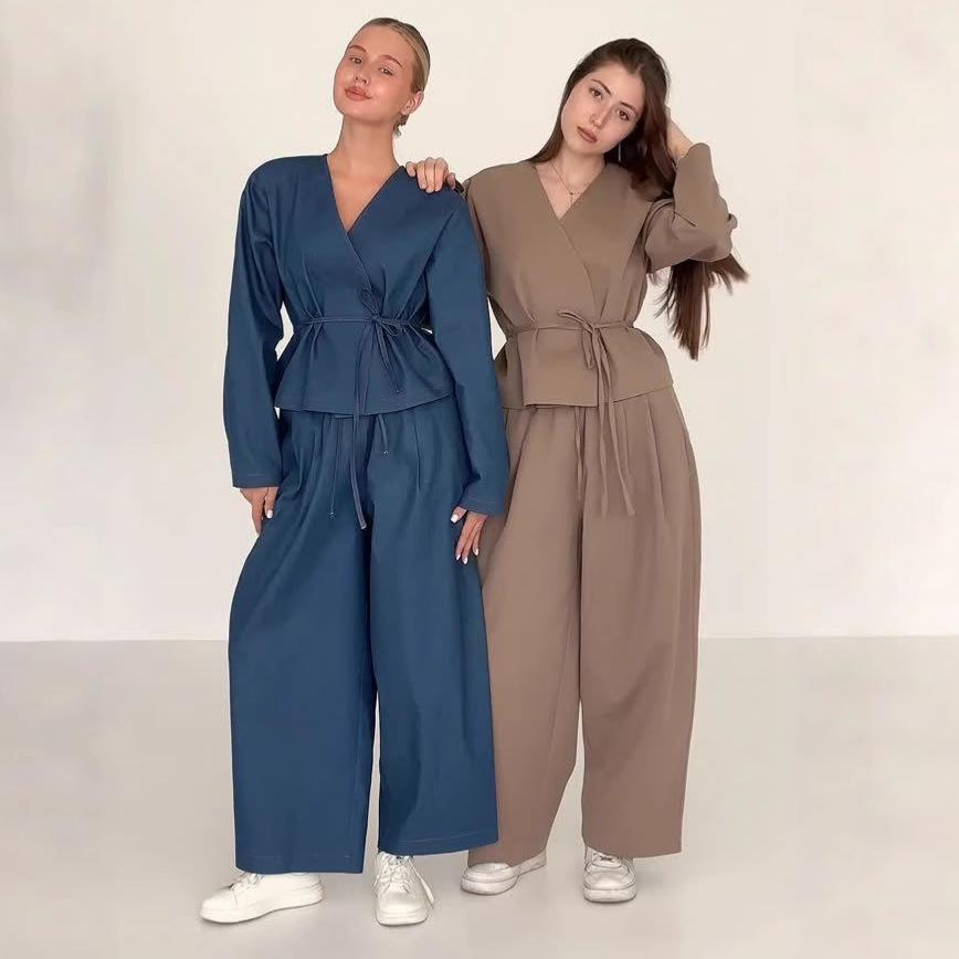 2025 Cross-border European and American Women's Clothing Amazon V-neck Long-sleeved Button-up Workplace Slim-fit Casual Pants Lace-up Set