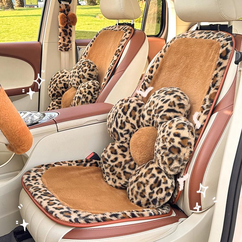 Leopard Print Winter Car Seat Cushion, Thick Warm Rabbit Fur, Soft & Comfortable Interior Cushion