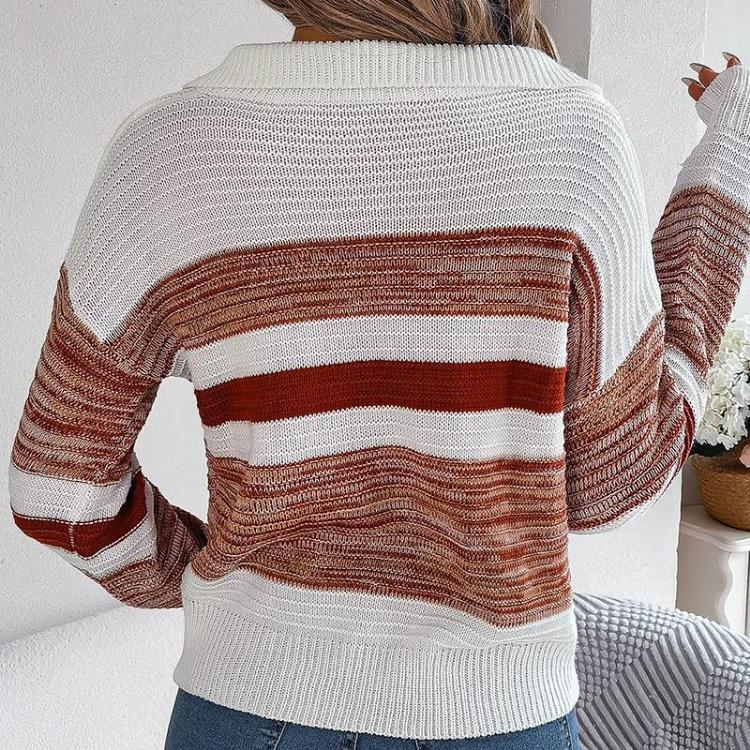 Women Casual Knit Pullover Sweater Polo Collar Long Sleeve Contrast Stripe Autumn Winter