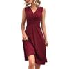 Solid color V-neck waist cross-pleated sleeveless medium dress, women's long dress