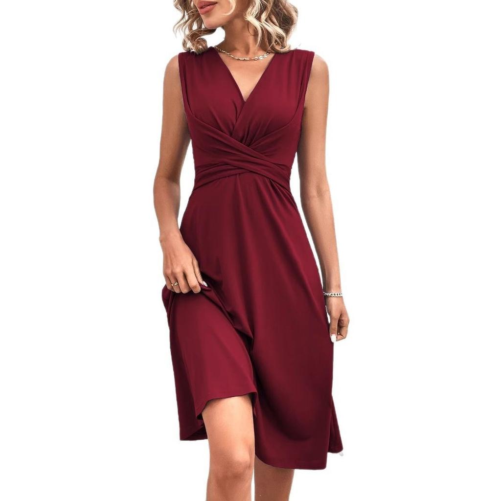 Solid color V-neck waist cross-pleated sleeveless medium dress, women's long dress