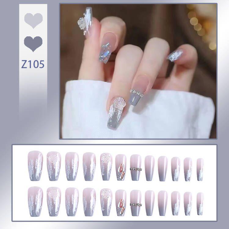 Gradient Blue-Gray Camellia Nail Tips & Stickers: Light Luxury Wearable False Nails