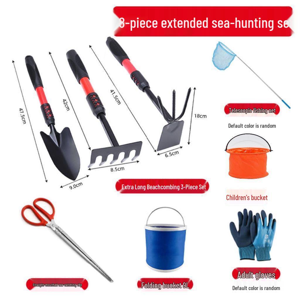 Sada plážových nástrojů pro lov přílivu: Lopata, hrábě a motyka pro sběr škeblí a zahradničení s mušlemi