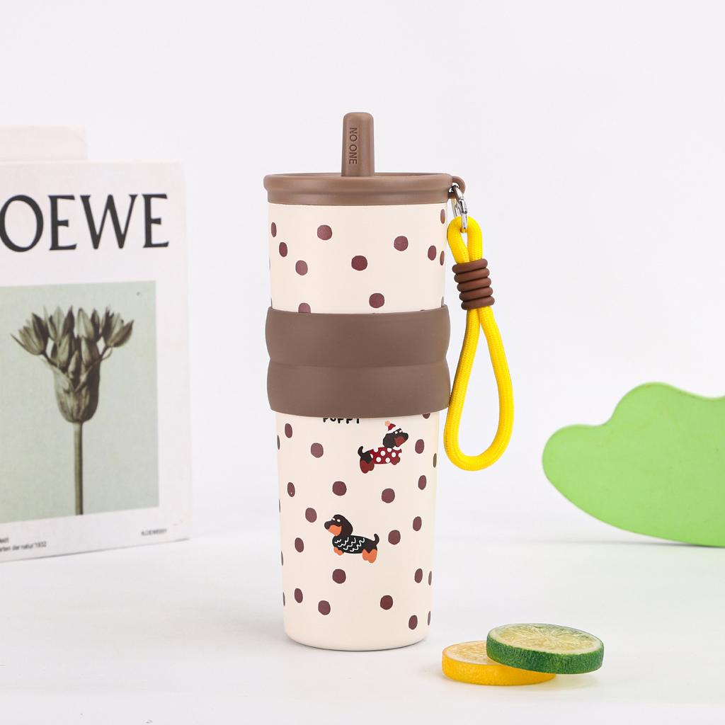 1pcs 500ml Stainless Steel Thermos Cup  Portable Cold-keeping Ice Cup, Outdoor Straw Cup with Lifting Rope Car Coffee Mug