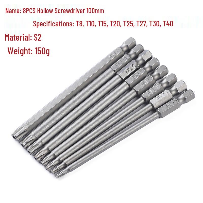 Hex Shank Hollow Torx Screwdriver Bits with Center Hole (Six-Point, 50mm, 75mm, 100mm, 150mm)