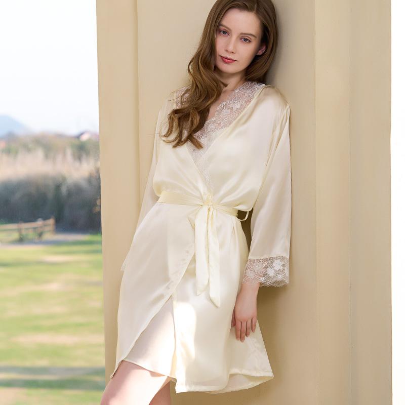 New 100% Mulberry Silk Splicing Lace Exquisite Elegant Pajamas Home Clothes Women's Silk Sleepwear Single Robe