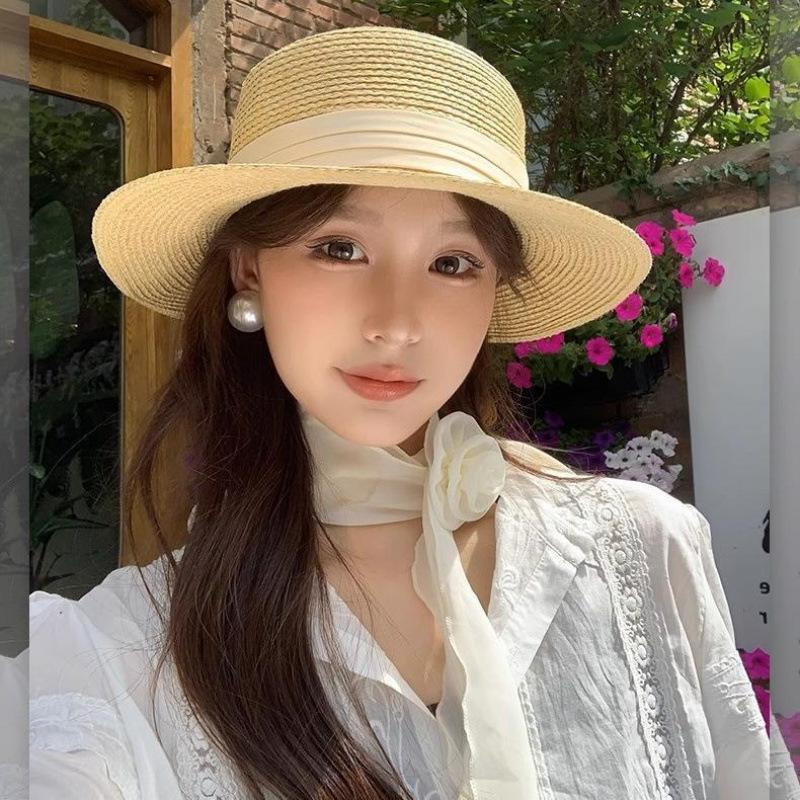 French big head circumference woven big eaves flat top top hat women's summer new seaside travel sunshade sunscreen hat