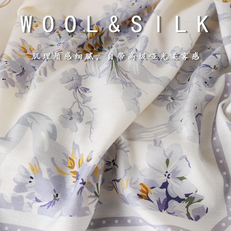 111Cm silk square scarf fresh blue pink floral four-leaf clover print silk wool silk scarf air conditioner shawl woman