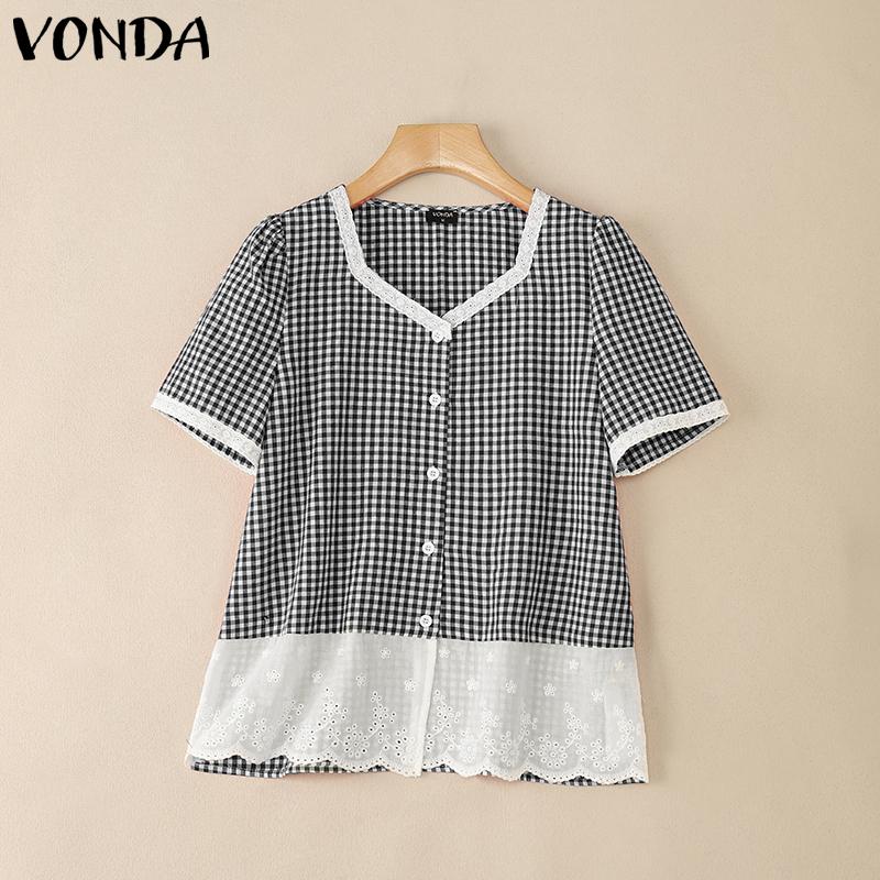 

VONDA Women V Neck Casual Short Sleeve Plaid Crochet Patchwork Blouse M