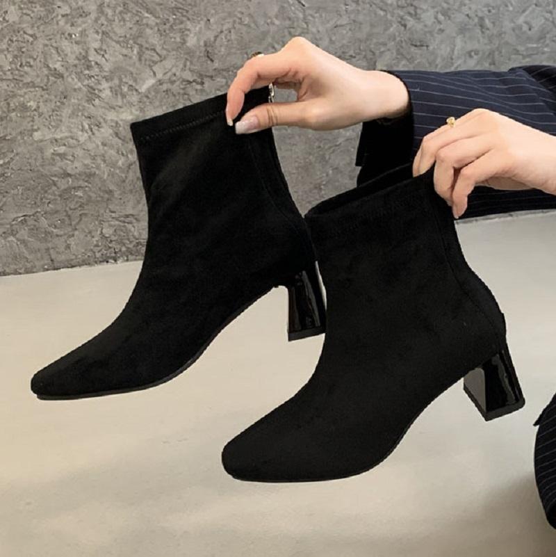

Eilyken Autumn Winter Pointed Toe Women Ankle Boots Concise Zipper Square Heels Shoes Chelsea Short Booties 35
