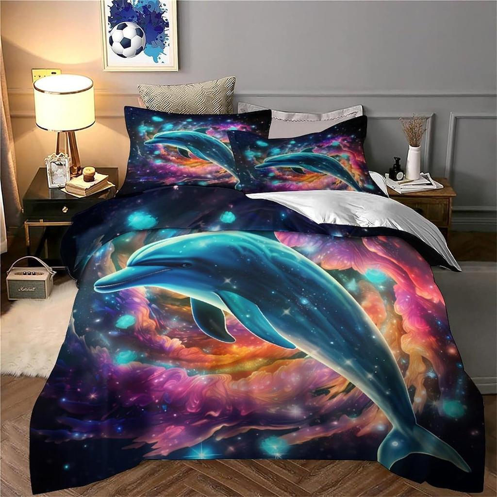 3D Dolphin Duvet Cover Set, Underwater World Duvet Cover and Pillowcases,Dolphin,Tropical Fish,Coral Ocean Bedding Set with Zip