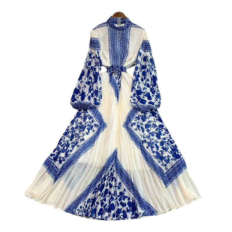 Retro temperament printed stand-up collar lantern sleeve dress women's summer new waist thin pleated pendulum long skirt