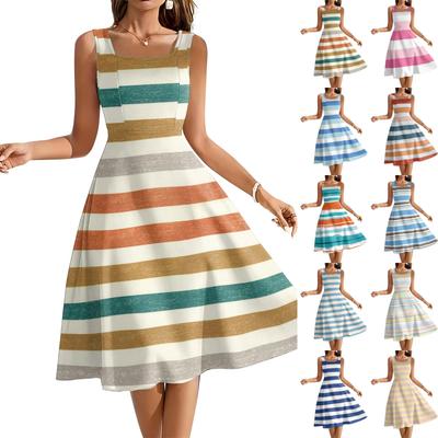 Sleeveless Square Neck A Line Midi Dress with Horizontal Striped Pattern for Women Casual Daily Wear