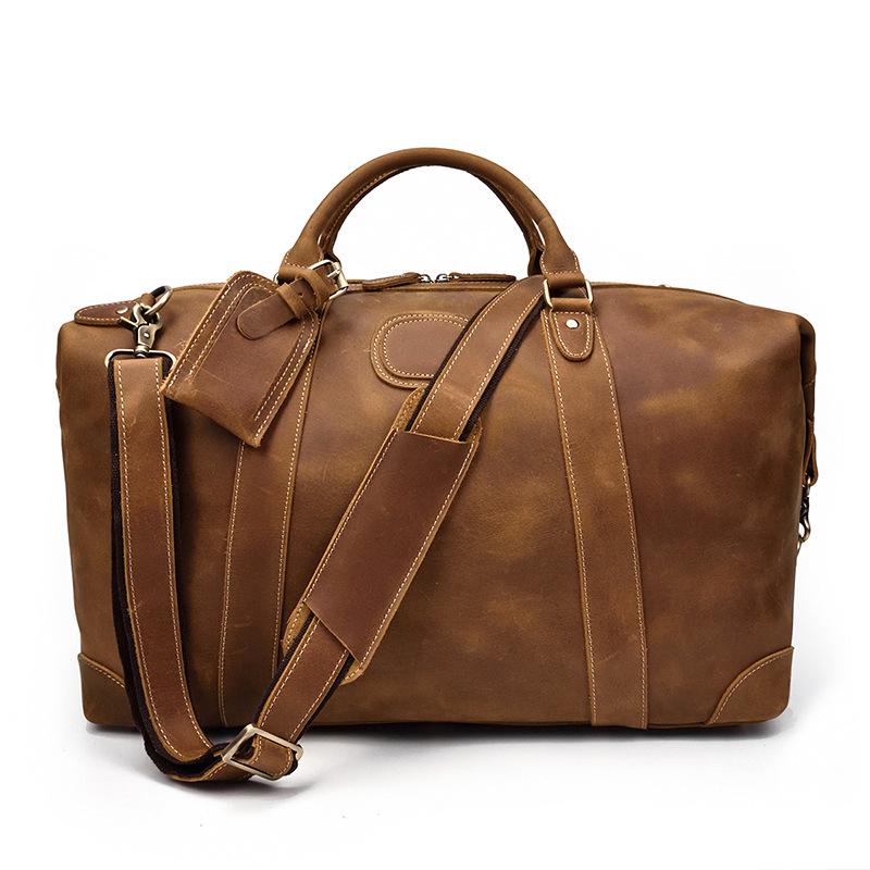 Bolsa de Viagem Masculina de Grande Capacidade em Couro Genuíno – Estilo Europeu e Americano, Couro Bovino de Camada Superior, Bolsa de Mão Casual para Fitness