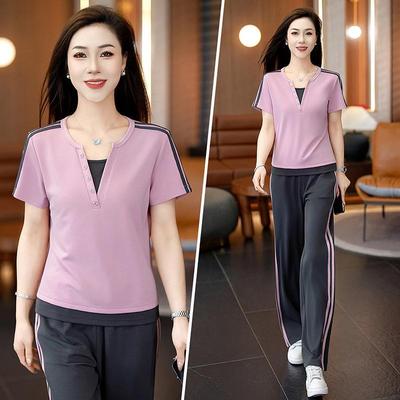 2026 Summer Women's Fashion: Young Style Two-Piece Set with Short Sleeves and Long Pants for a Slimming Look