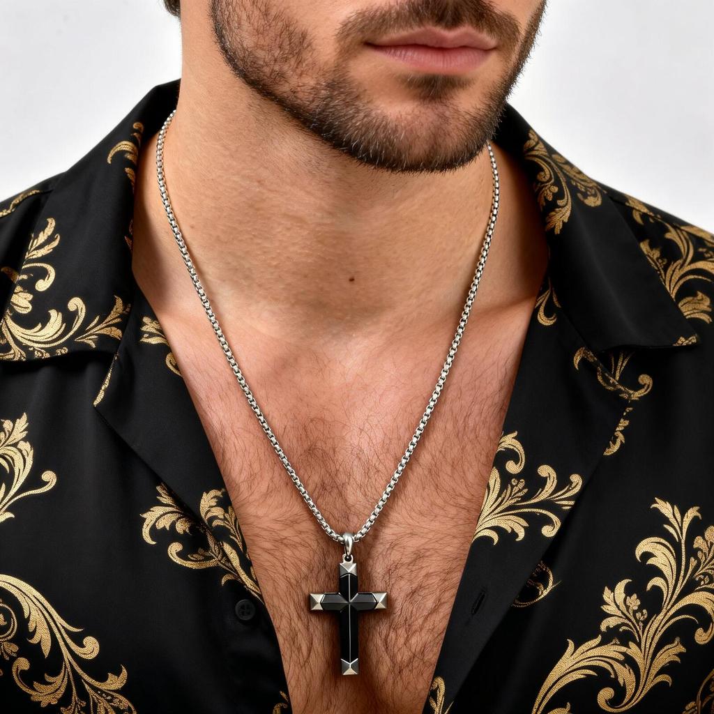 Luxe Natuurlijke Zwarte Onyx Kruis Ketting voor Mannen, Waterdichte Roestvrij Staal Kruis Hanger, Sieraden Cadeau voor Echtgenoot Vader Zoon