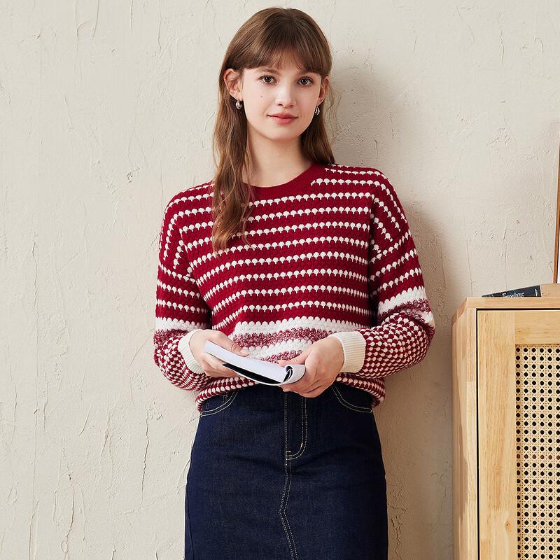 KEMENG BOKA Women's Striped Round Neck Chunky Wool Sweater