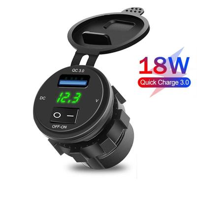 Quick Charge QC 3.0 18W USB Car Charger Socket Digital Display Voltmeter Charger Socket with ON-OFF Switch for Auto Motorcycle 12-24V