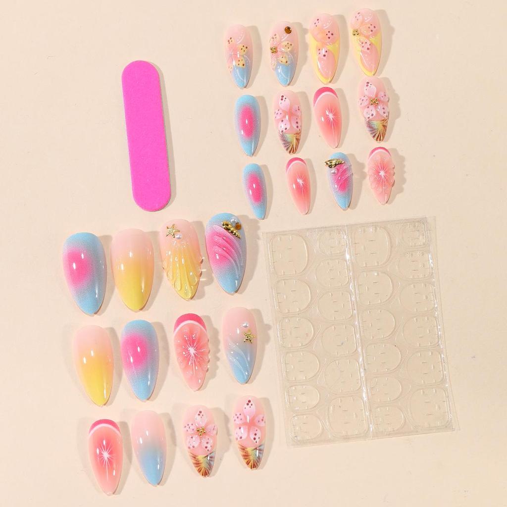 3D Embossed Flower Wearable Nails with Drip Glue & Steel Beads - Detachable Manicure Set