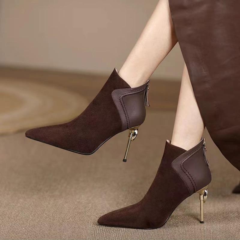 Fashion Temperament Pointed Toe Booties Women Spring and Autumn New Pointed Toe Scrub Leather Spliced Stiletto High Heel Boots