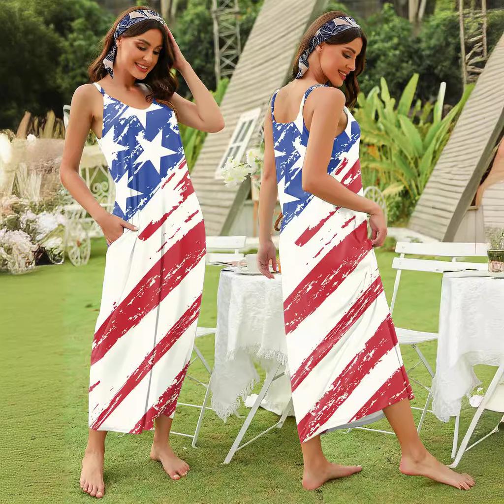 Summer new European flag print dress suspender pocket fashionable and elegant women's dress