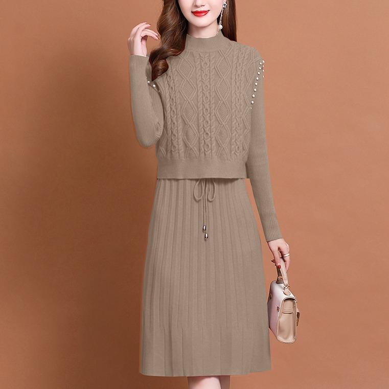 Two-piece Knitted Vest Dress for Women Long-sleeved Solid-color Sweater Dress Casual Mid-length Sweater for Autumn and Winter