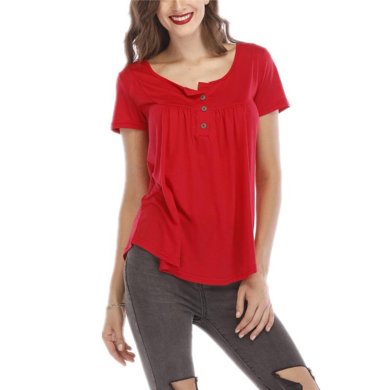 Women Multicolor V Neck Button Decor Short Sleeve Pleated Loose Tunic Blouse