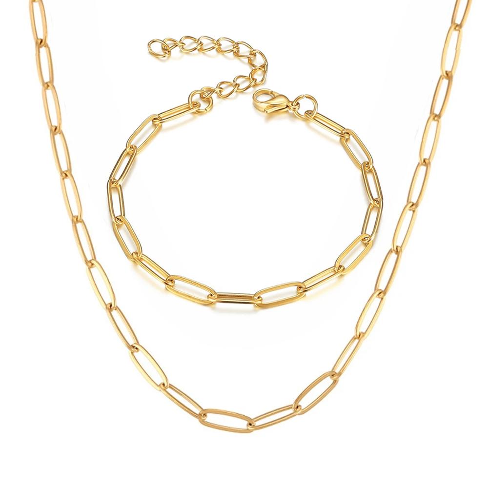 Gold Silver Color Stainless Steel 3mm Paperclip Link Chain Bracelets Neckalce For Women Fashion Party Wedding Jewelry Sets Gifts