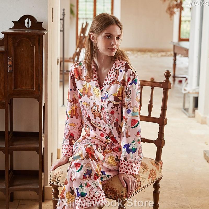 

Женский комплект пижамы из искусственного шелка на осень и зиму с длинными рукавами и брюками с отворотом, мягкая домашняя одежда M