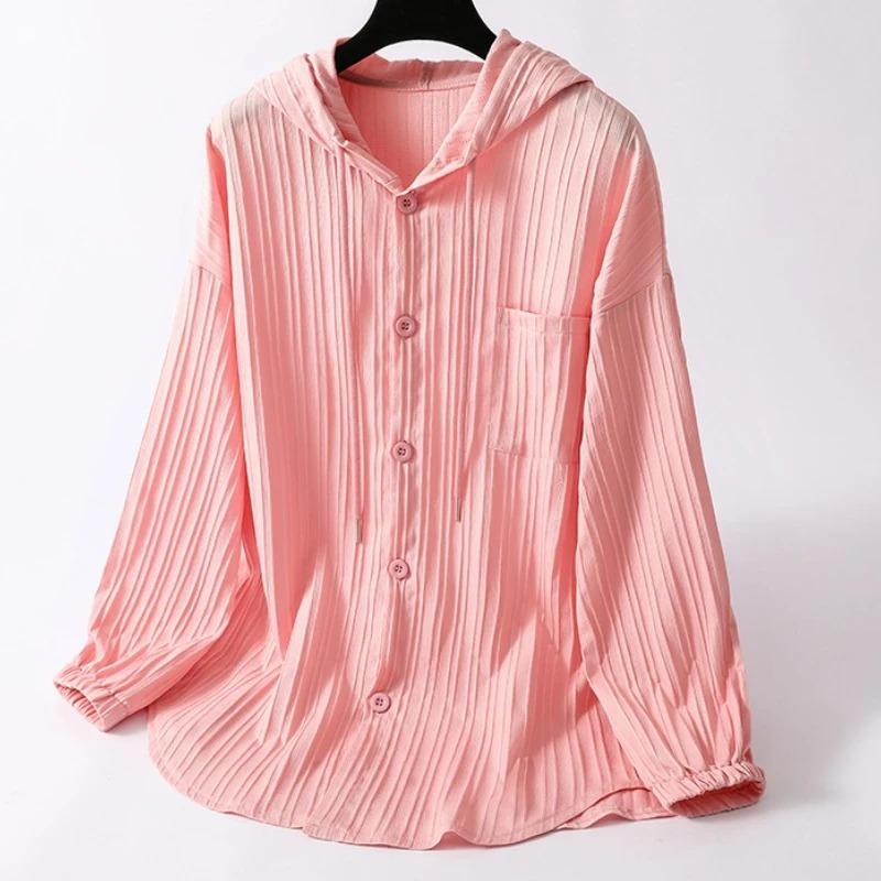 Long Sleeve Lightweight Loose Women Shirt Hooded Sun Protection Versatile Blouse Spring Autumn Retro Casual Solid Shirt