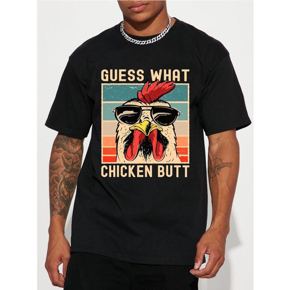 Funny Graphic Men's Lightweight , Black with Colorful Rooster Design, Machine Washable, Casual Short Sleeve Summer Tee