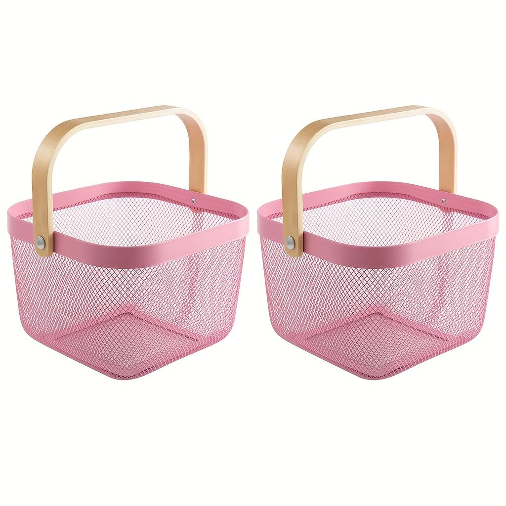 2 Pack Square Metal Mesh Fruit Basket, Portable Metal Picnic Baskets with Wood Handle, Mesh Storage Organizer Basket