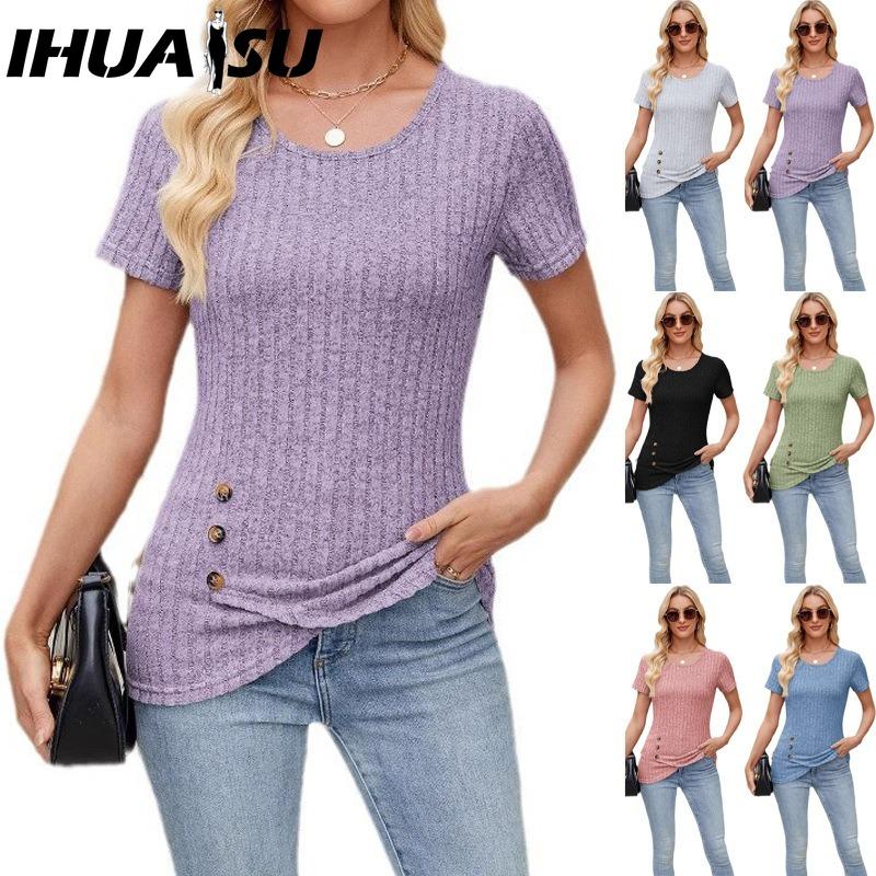 IHUASU Camicette e camicie a maniche corte con stampa tinta unita alla moda da donna
