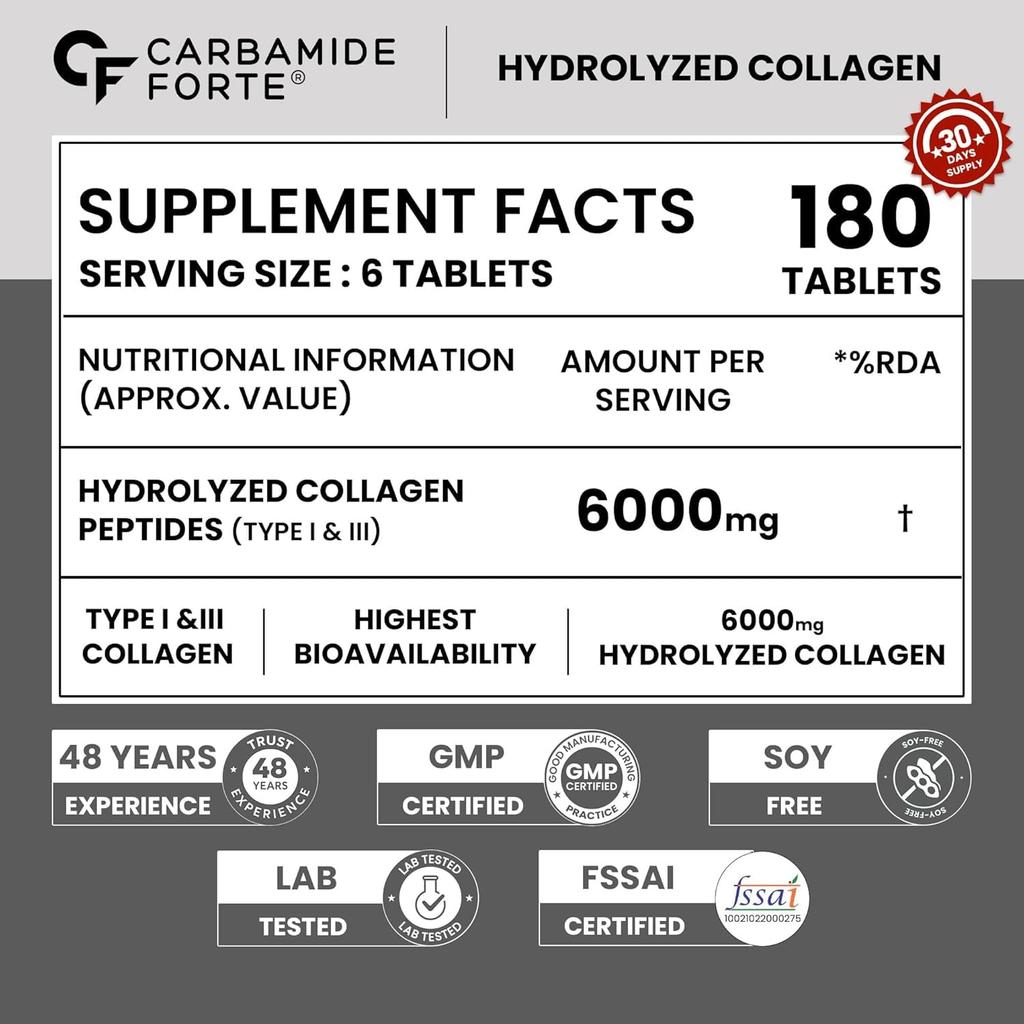 Suplementos de Colágeno Carbamide Forte para Mujeres y Hombres 180 Comprimidos | Péptidos Tipo I y III para Piel Cabello Uñas