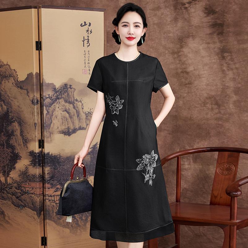 

Сатиновое платье из ароматной облачной пряжи женское шелковое ретро вышитое шелковое длинное платье 4XL чёрный