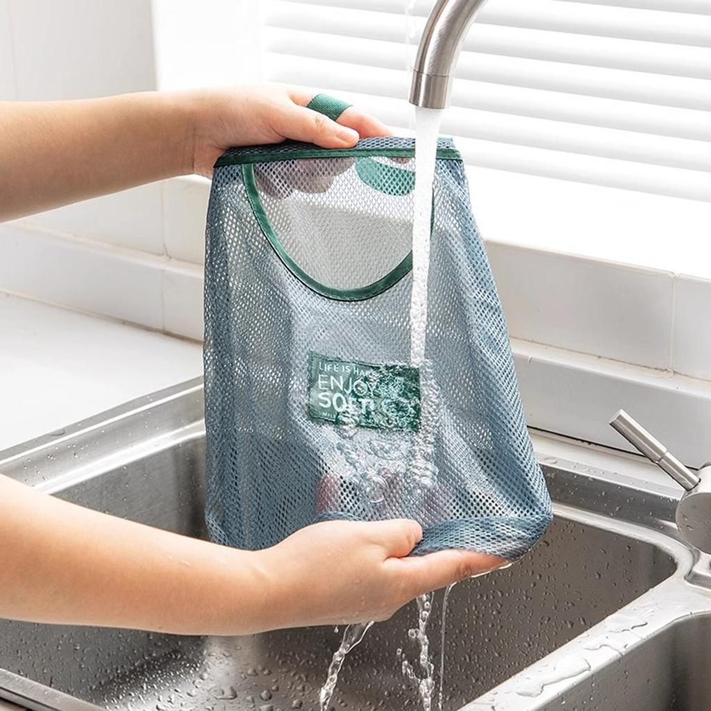Breathable Mesh Hanging Storage Bag For Garlic Onion Spices Kitchen Vertical Space Saving Organizer Durable Polyester Material