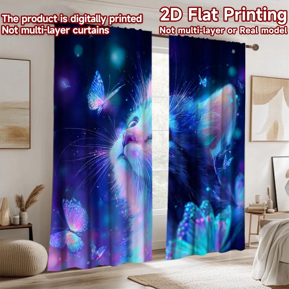 2D Flat Printing 2pcs Party Curtain Cosmic Cat Butterflies Stars Digital Printed Polyester Drapes All Season Party & Holiday