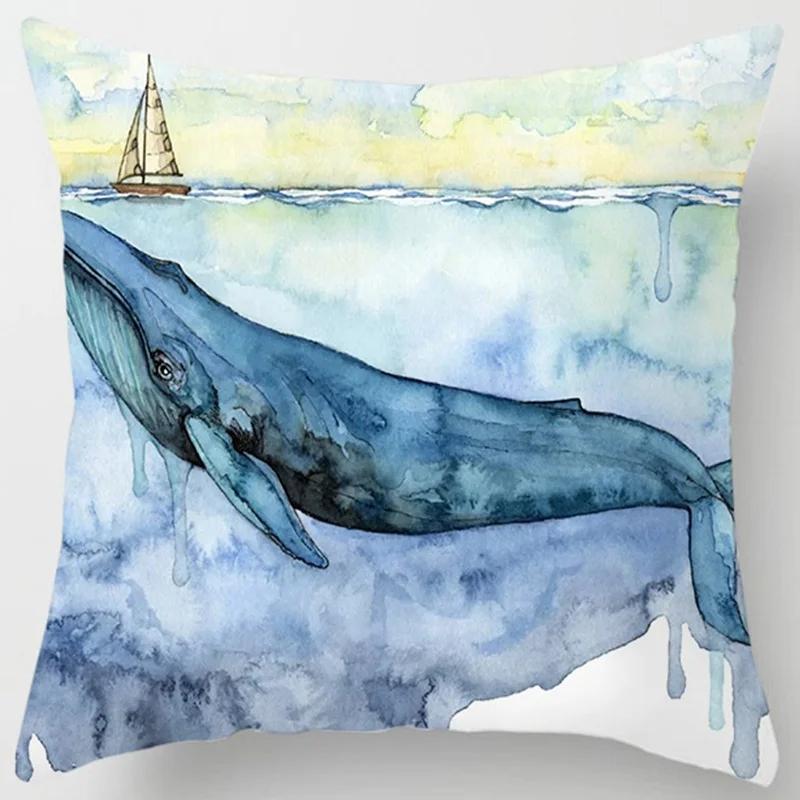 Ocean Whale Oil Painting Series Printed Pattern Cushion Cover Home Living Room Sofa Decoration Square Pillow  Cover45x45cm