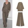 Linen Blend Long Sleeves V-neck Shirt 4043058 Lace Decoration Mid Waist Wide Leg Pants 4043059