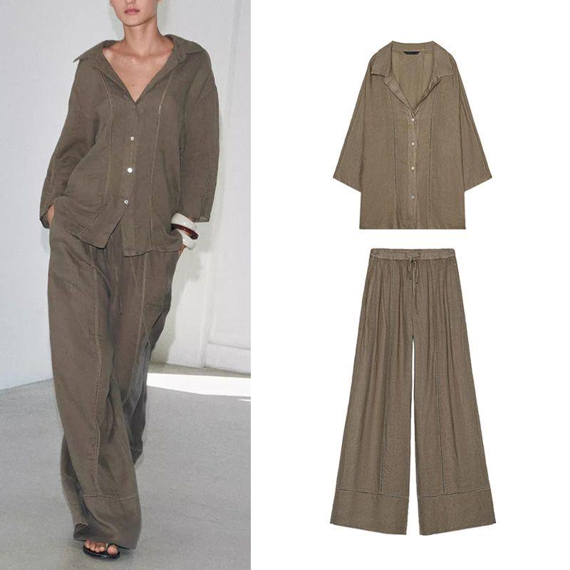 Linen Blend Long Sleeves V-neck Shirt 4043058 Lace Decoration Mid Waist Wide Leg Pants 4043059