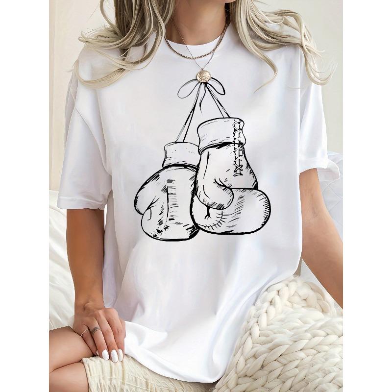 Women's Linear Boxing Gloves Print T-Shirt Trendy Short Sleeve Casual Summer Holiday Top