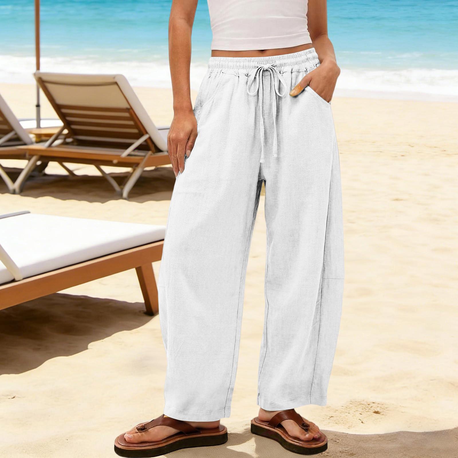 

Льняные повседневные брюки с широкими штанинами для женщин, эластичная талия, универсальные, деловой кэжуал, рабочие брюки палаццо с карманами XL белый