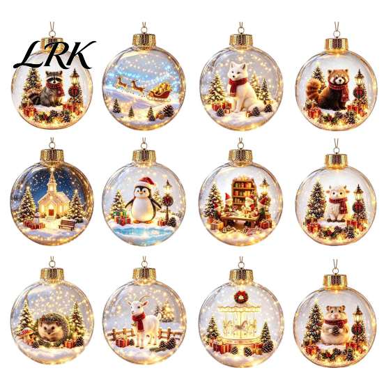 Winter Theme Party Supplies 3D Christmas Animal Faux Crystal Ball Ornament, Lighted Acrylic Hanging Decor Warm Light Scenes with Hedgehog Penguin