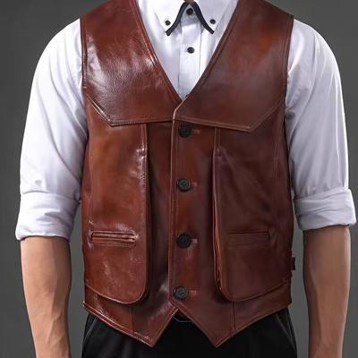 Chaleco de Cuero Genuino para Hombre Capa Superior Piel de Vaca Múltiples Bolsillos Corte Slim Talla Grande Chaleco de Cuero Retro Camisola de Cuero Clip para Hombro