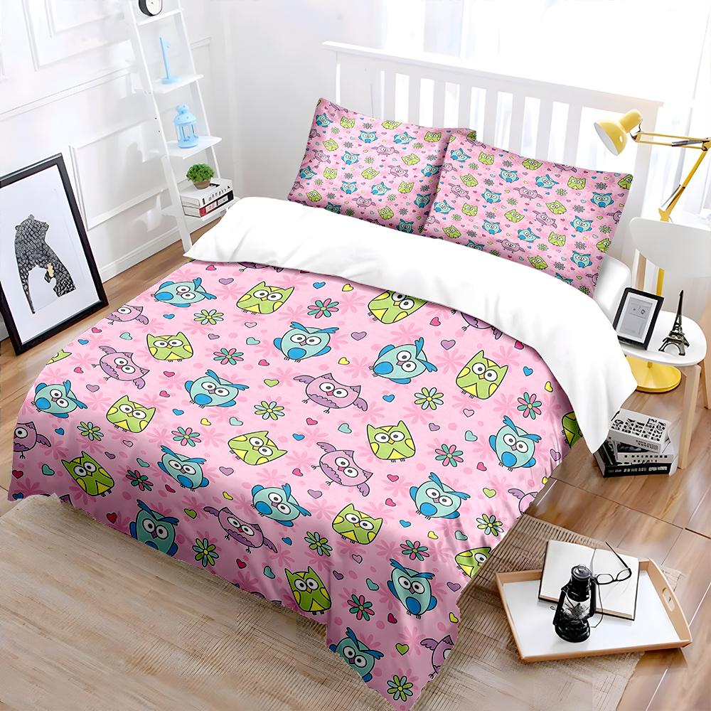 Cartoon owls pink background Pattern Duvet Cover Set Digital Print Colorful Polyester Bedding with Zipper Closur for kids gift